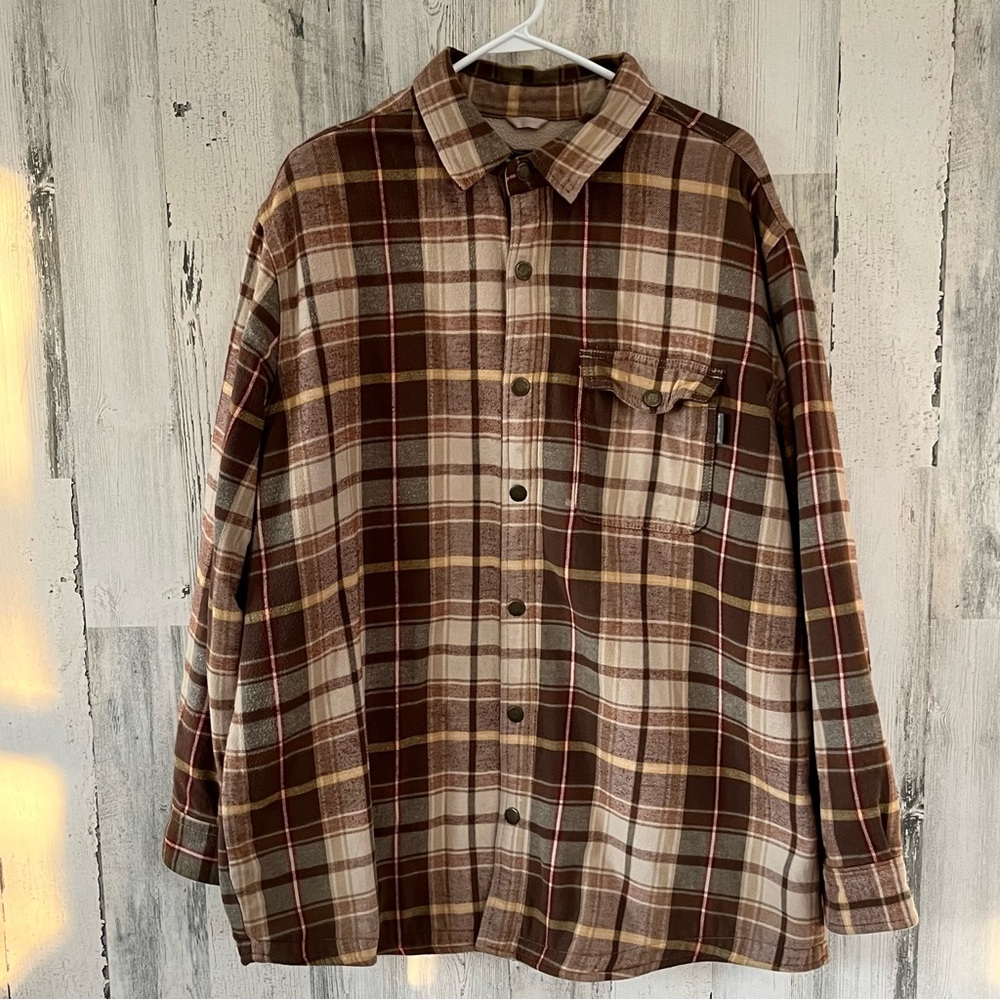 Woolrich Men’s Long Sleeve Snap Closure Shirt Jacket Size XL Plaid British Tan